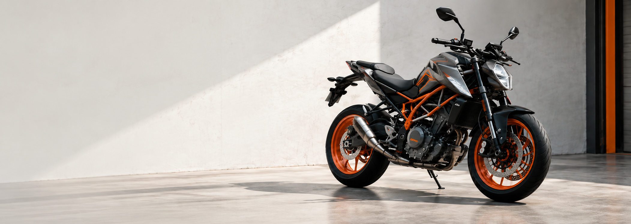 A motorcycle in a well-lit garage